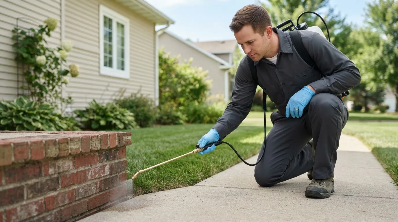 Pest control technician treating a home near Leonore, IL