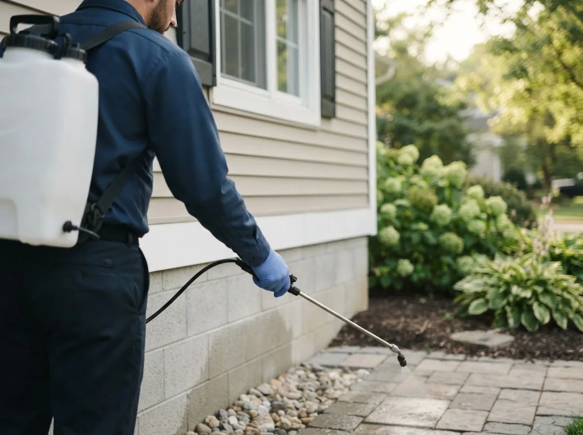 Pest control technician inspecting a home in Leonore, IL